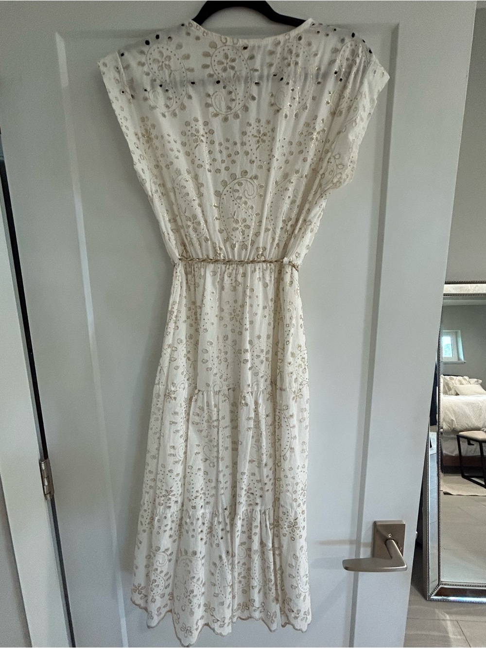 Embroidered Cream Maxi Dress with Tassel Waist - Picture 2 of 5